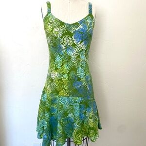Batik Women's Small Bias Summer Dress Green Blue Floral Fairycore Festval Hippie